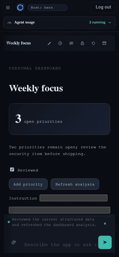 Kern product interface showing an agent built workspace